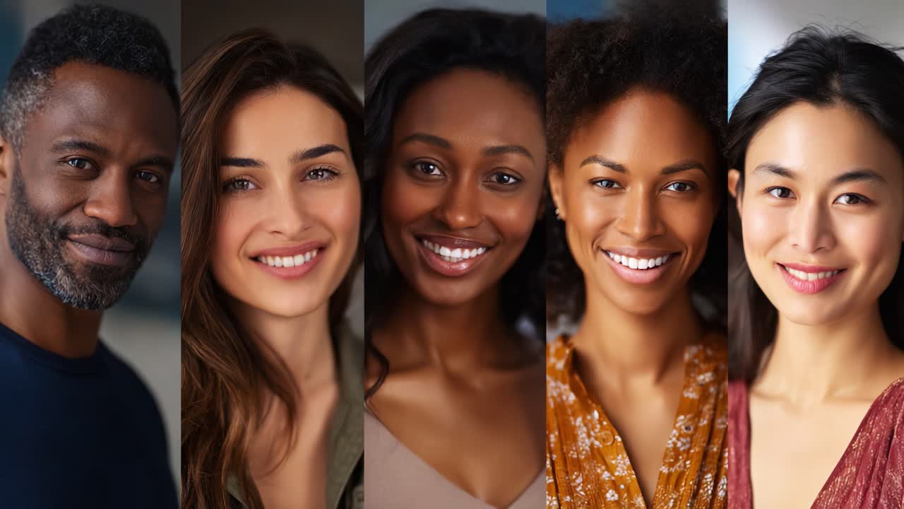 Gruppo eterogeneo di cinque persone sorridenti con espressioni gioiose in un ambiente da studio che mette in mostra personalità uniche e background diversi