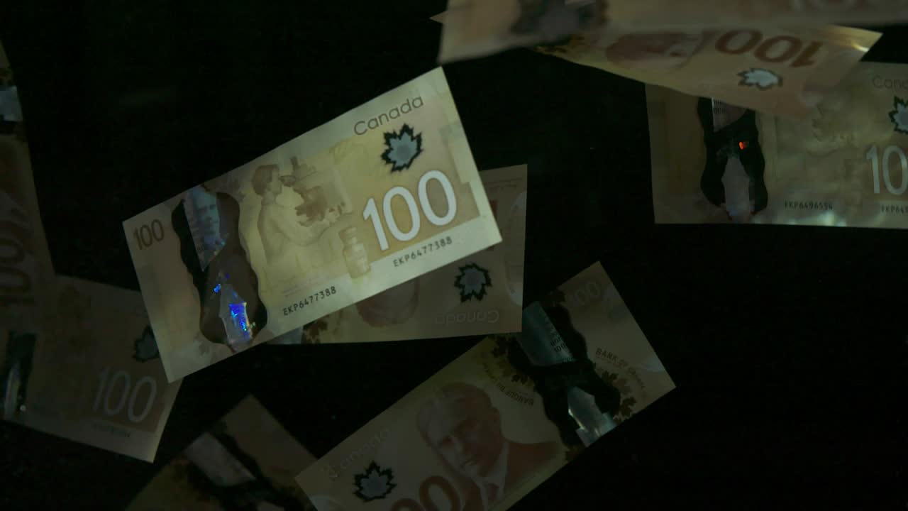 Siyah bir arka plan üzerinde düşen ve uçuşan Amerikan Kanada doları banknotları 4K döngülenebilir. 4K kalitesinde düşen Dolar banknotları. Video döngülenebilir.
