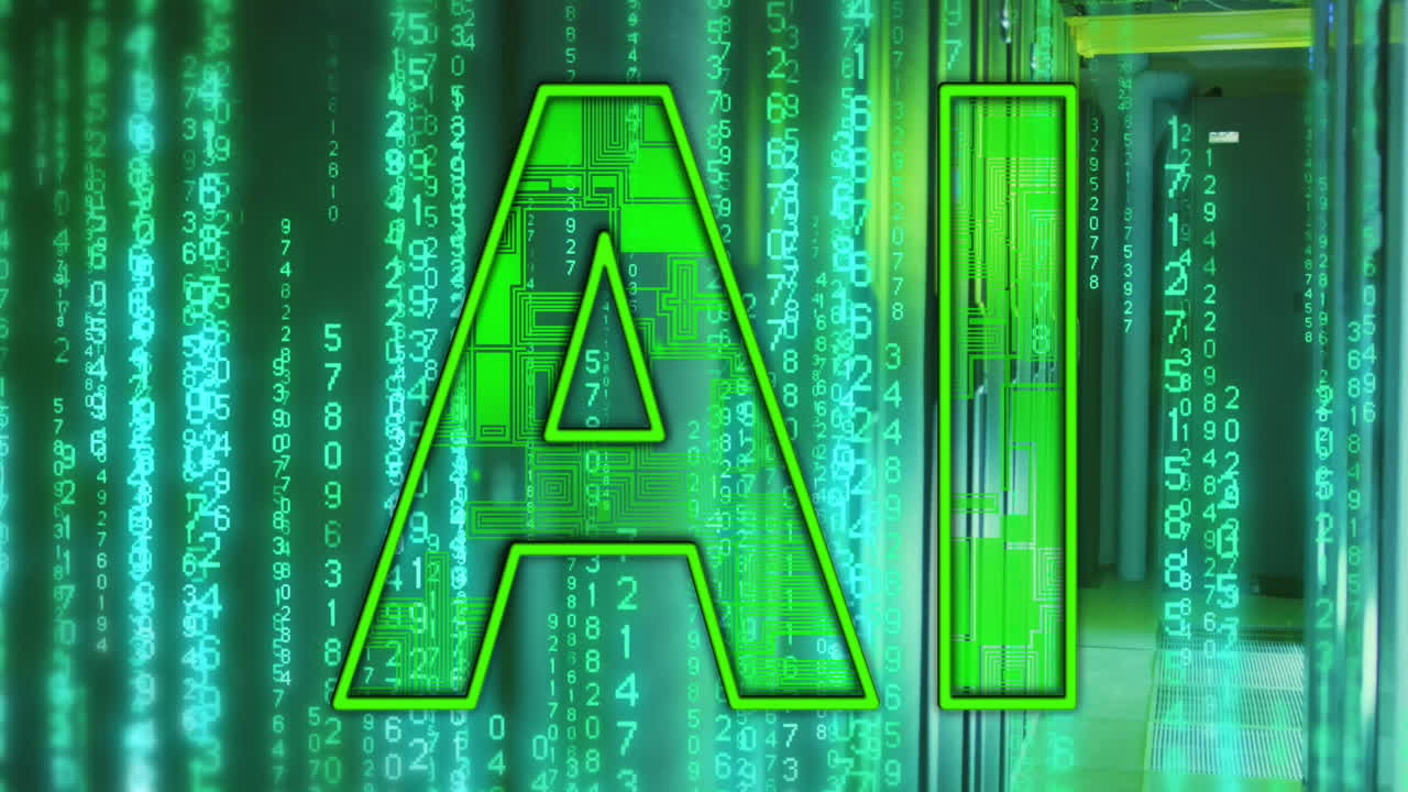 animación de un texto, codificación binaria y procesamiento de datos a través de servidores informáticos