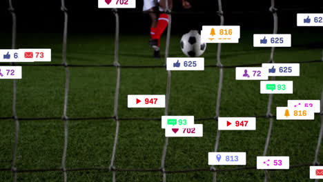 social media interaction icons animation over soccer player near goal net