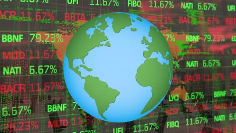 animation of globe over stock market and data processing with empty office