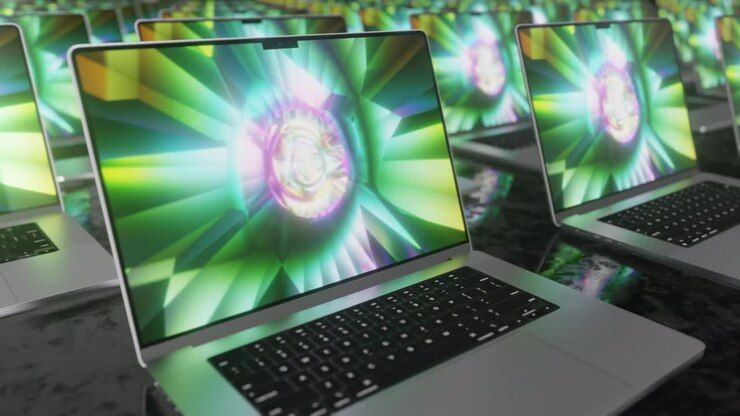 muitos laptops com um protetor de tela de cores brilhantes se movendo em um fundo escuro. renderização 3d. loop sem costura.