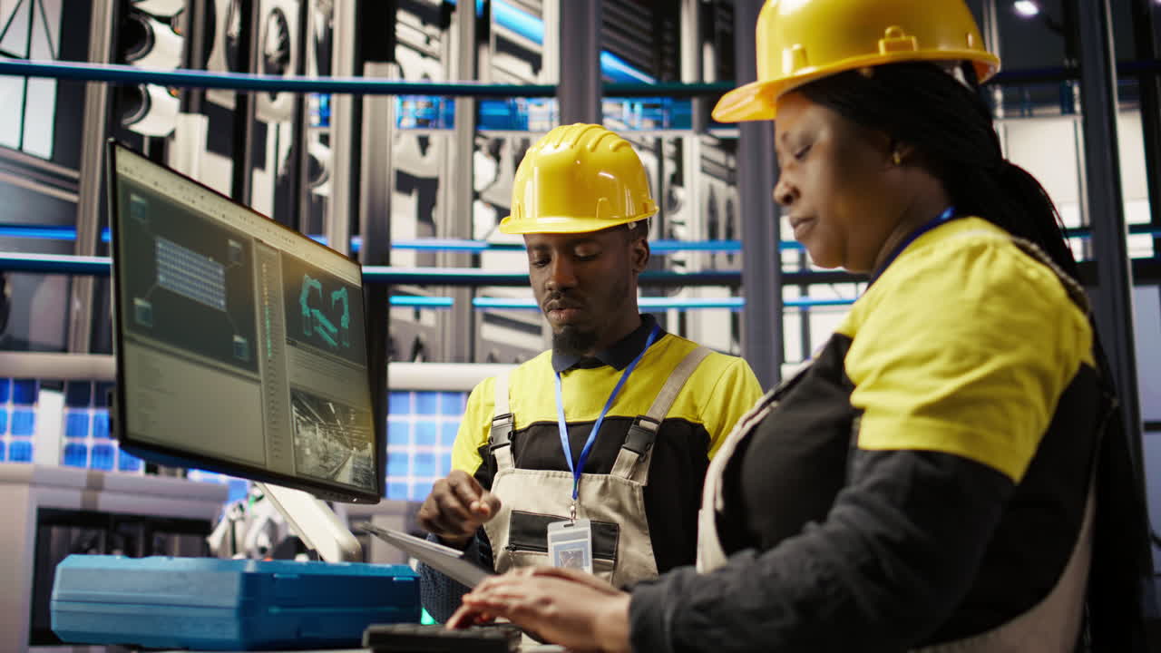 Vertical video Manager supervising technician in factory using PC to diagnose malfunctions