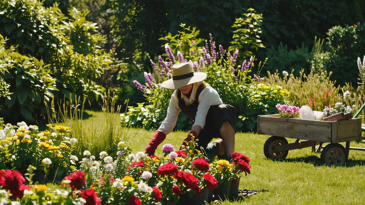 Woman Gardening in a Beautiful Flower Garden