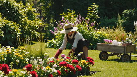 woman gardening in a beautiful flower garden