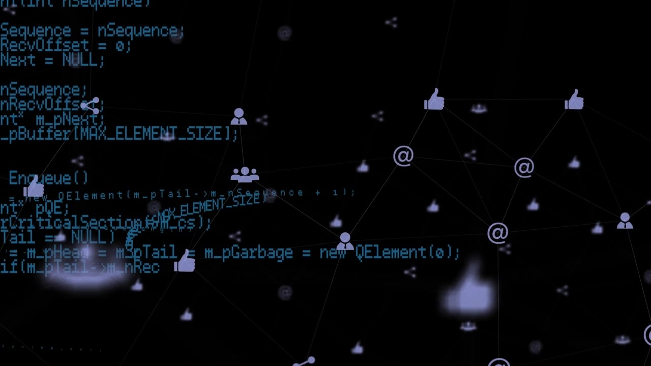 Animation of data processing and network of connections with digital icons