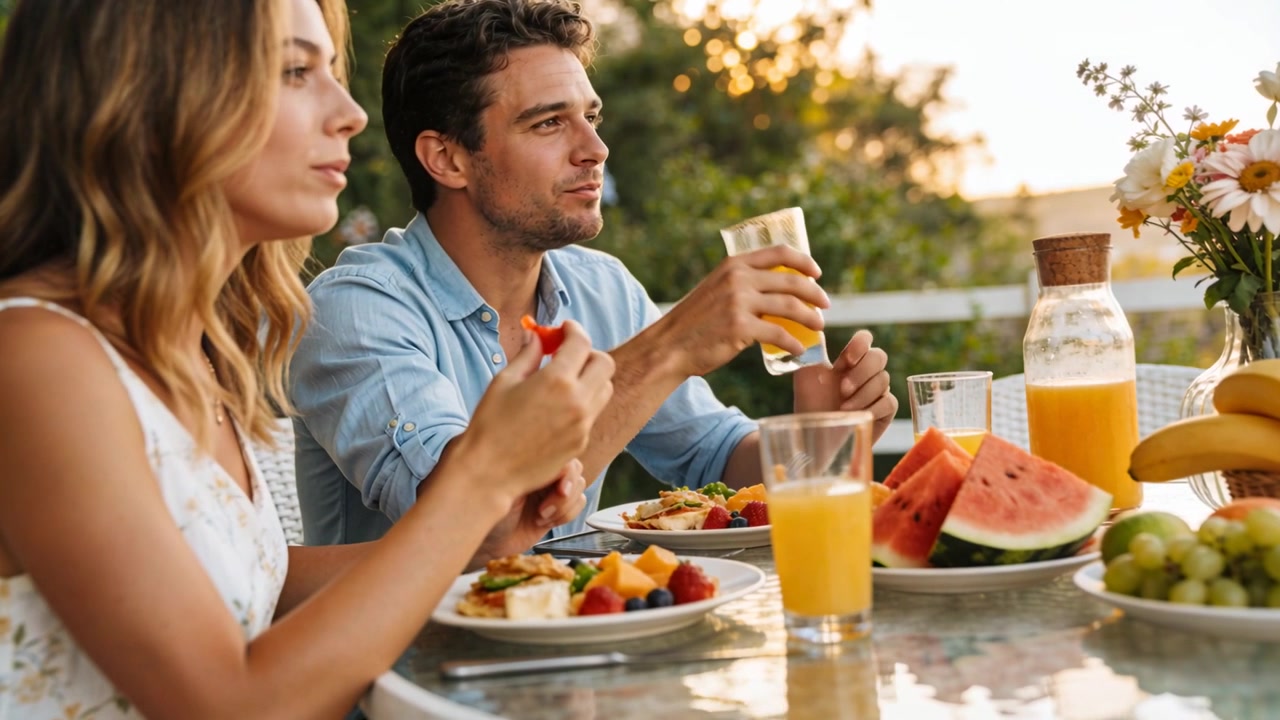 Coppia che inizia il pasto, lei in abito bianco e lui in camicia blu, mentre mangiano frutta e sorseggiano succo sul balcone di casa.