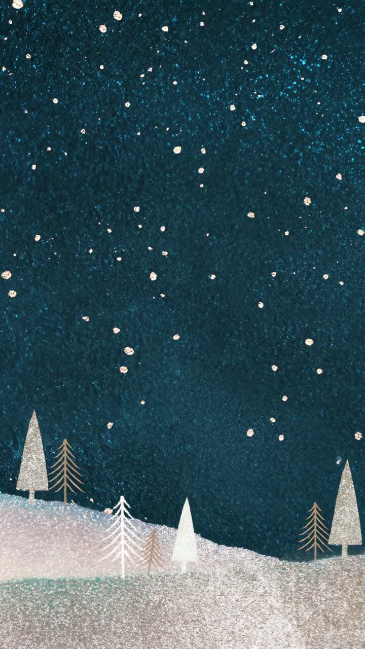 Aerial view of a snowy landscape with trees under a starry night sky, perfect for a winter-themed