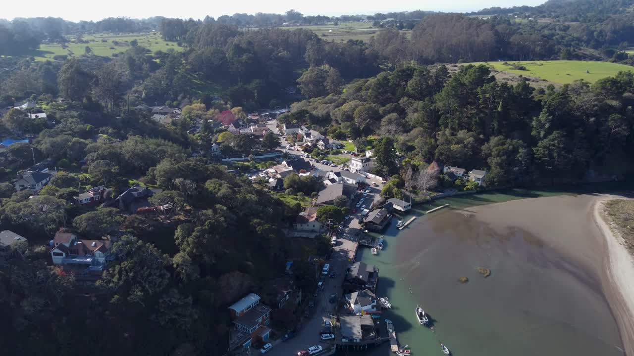Aerial: Main street in Bolinas CA – 4K. Camera moves around town.