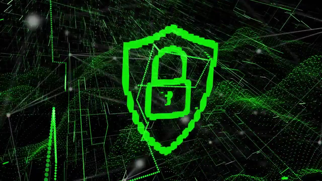 Pixelated green shield floating, starting wireframe, forming lock and locking, securing network