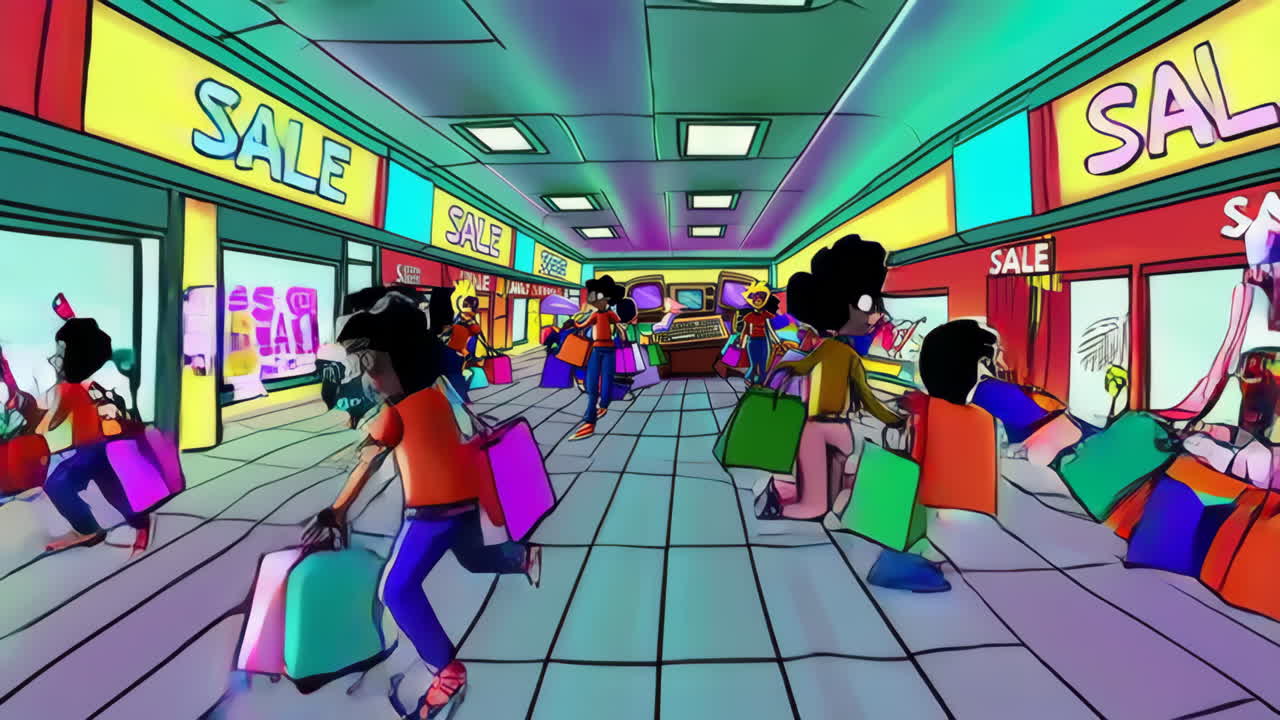 People interacting with retro computers in a colorful store setting