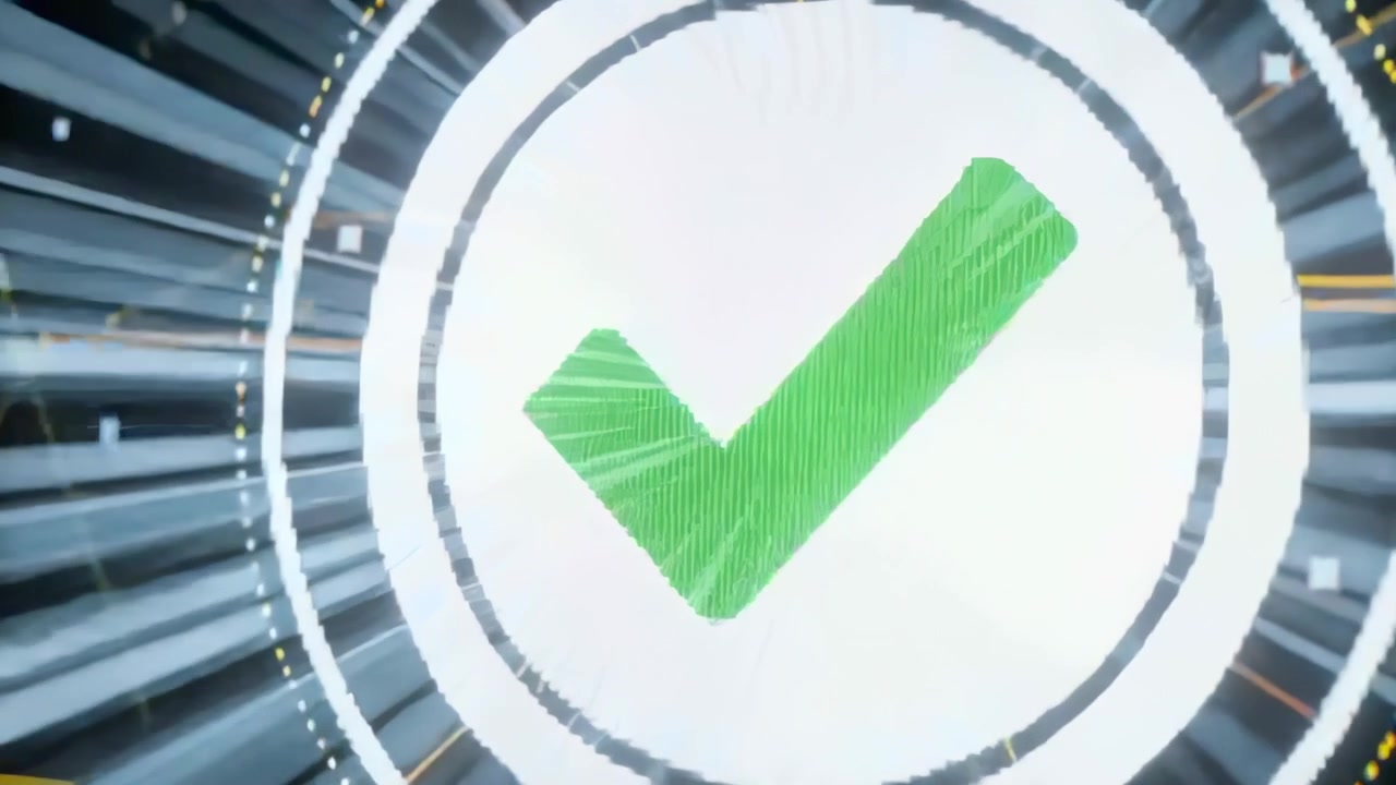 Pulsing green check mark in white disc on screen reacting to completion, expanding into white flash