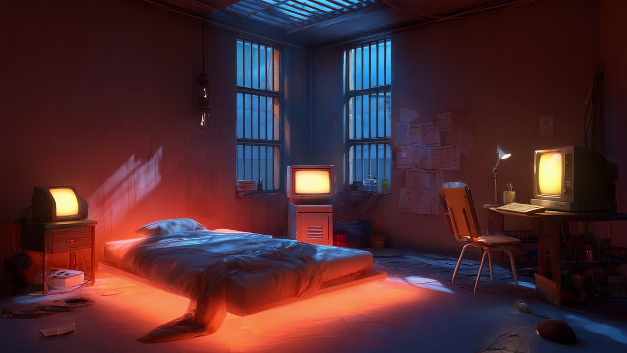 A stark, atmospheric room bathed in contrasting blue and orange hues features a bed, vintage televisions, and a desk, creating a mysterious and nostalgic ambiance