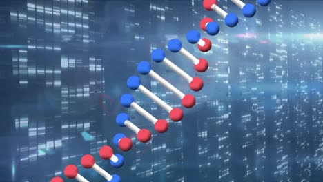 Animation-of-dna-structure-spinning-over-screens-with-mosaic-squares-against-blue-background