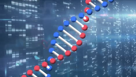 animation of dna structure spinning over screens with mosaic squares against blue background