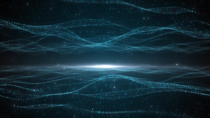 Onde di fibra blu fluide, ideali per presentazioni digitali, visual tecnologici, maglie di punti luminosi digitali.
