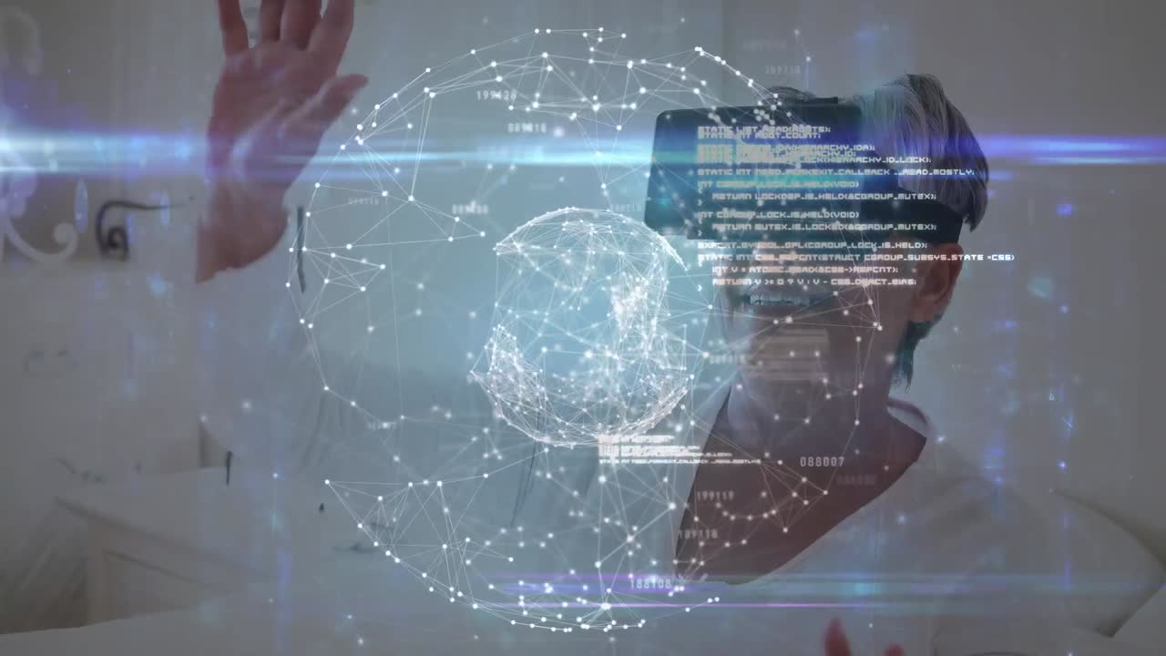 연결 및 데이터 처리와 함께 지구의 애니메이션 vr 헤드 ⁇ 에 사업가