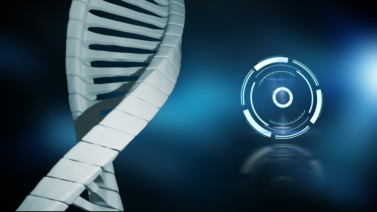 animación de escaneo de alcance sobre cadena de adn en fondo azul y negro
