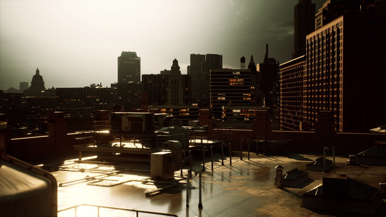 해가 지는 도시의 지붕