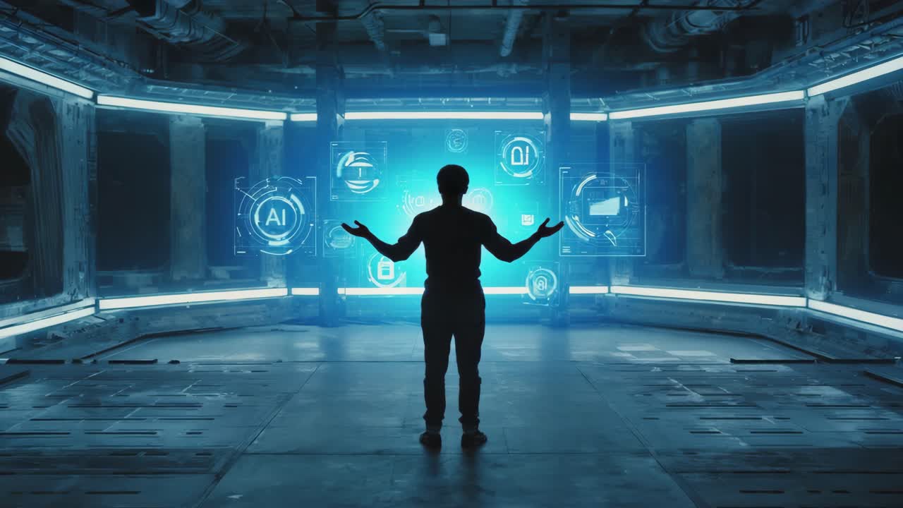 Human Silhouette Interacting with Futuristic AI Holographic Interface