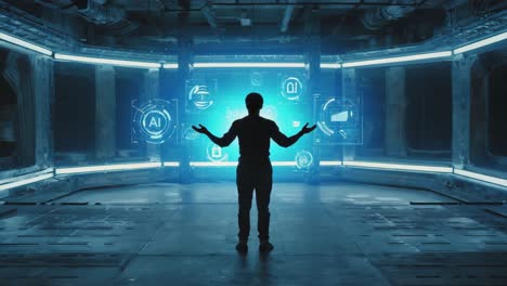 human silhouette interacting with futuristic ai holographic interface