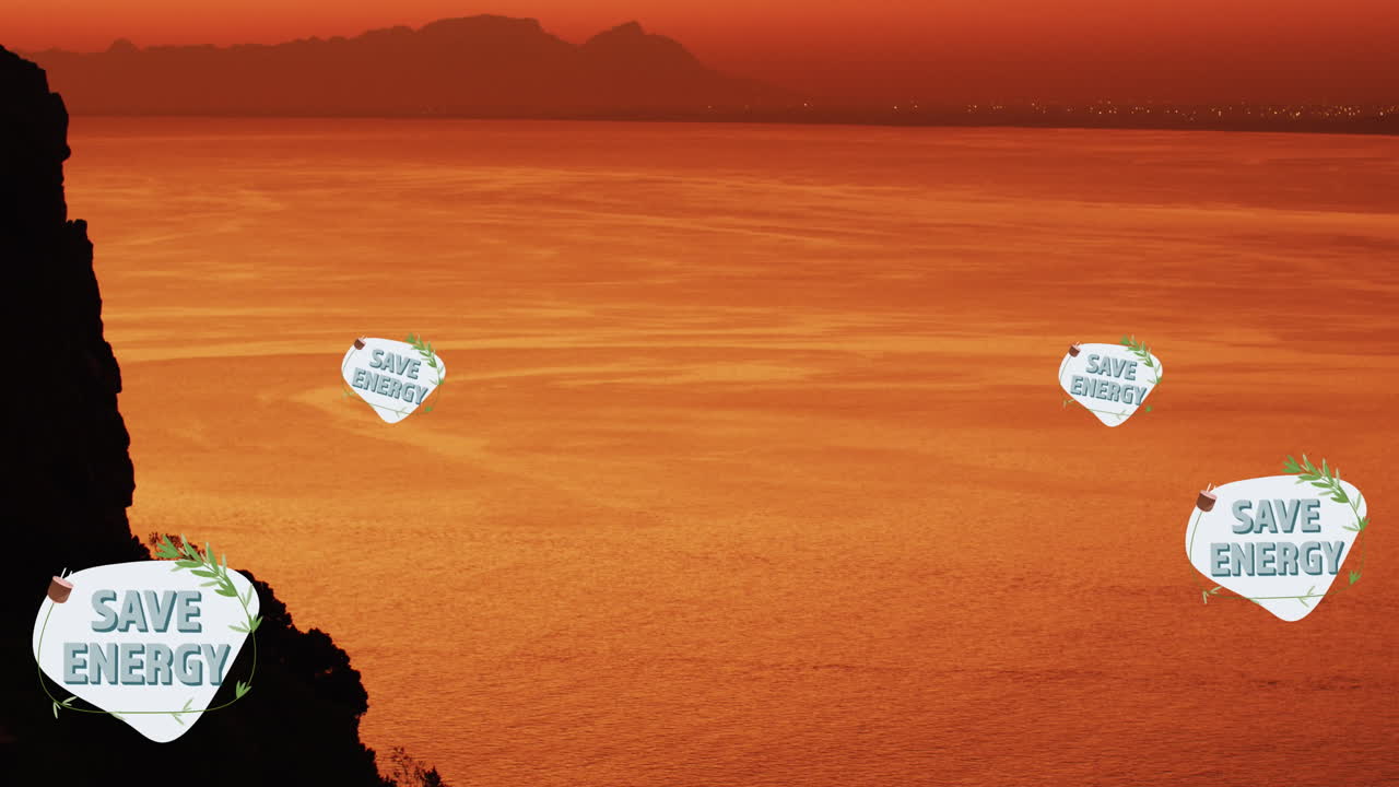 animación de texto de ahorro de energía, iconos de sostenibilidad y ecología sobre el paisaje.