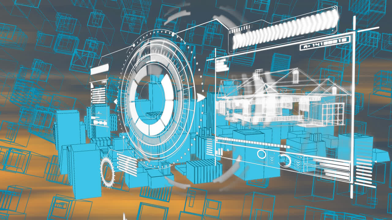 Animation of digital screen displaying house plan on drawing buildings background