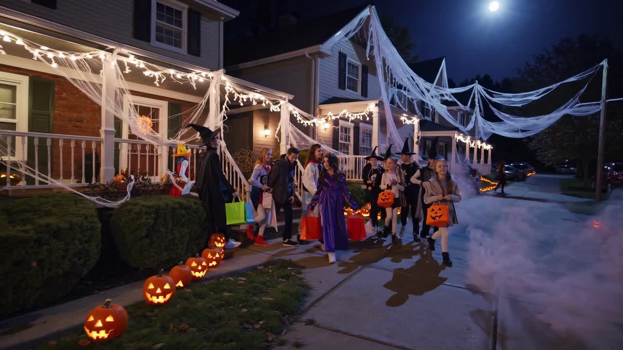 Low-angle video shot of children in costumes trick-or-treating at night, with houses decorated