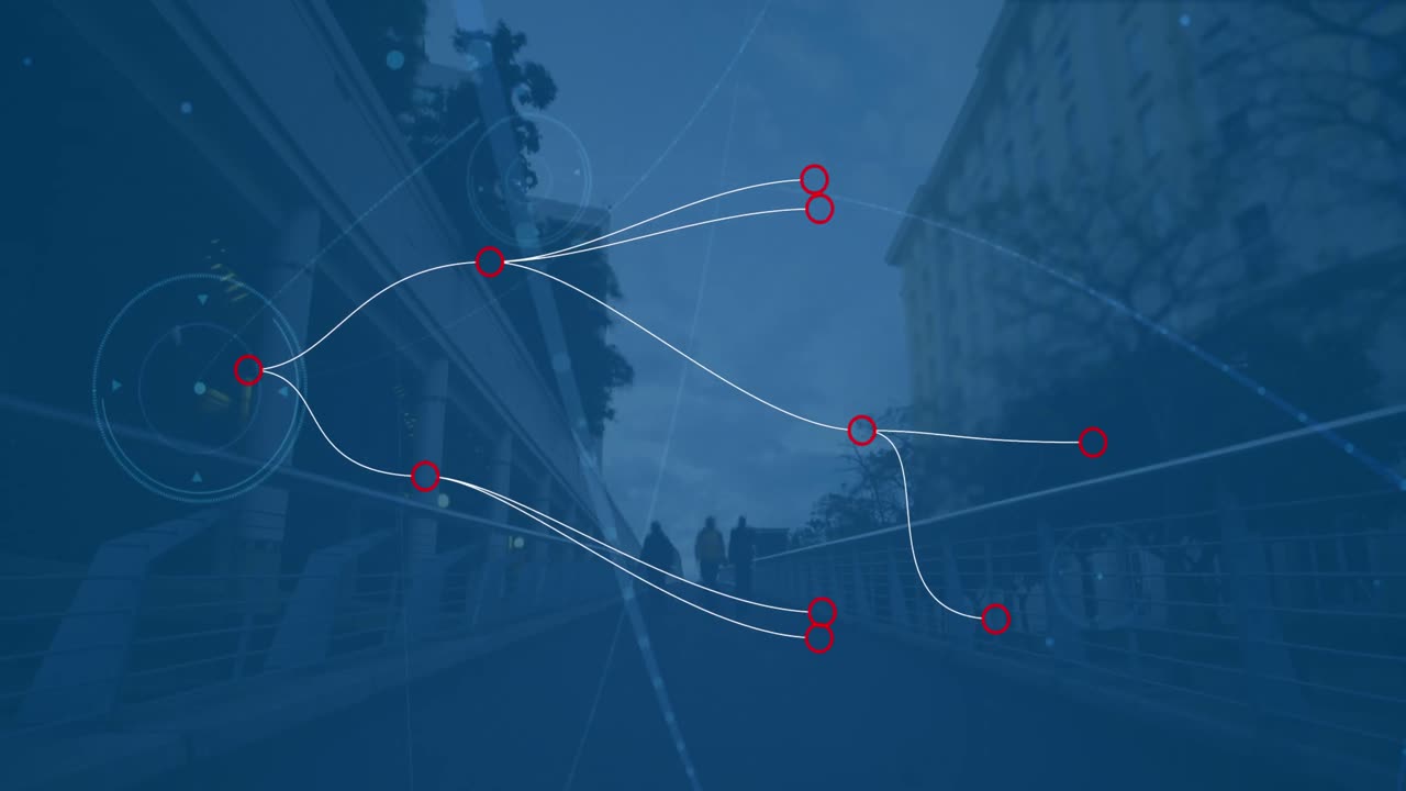 Animation of connecting dots against time-lapse of people walking on the city bridge