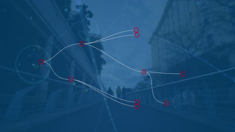animación de puntos de conexión contra el lapso de tiempo de las personas que caminan por el puente de la ciudad