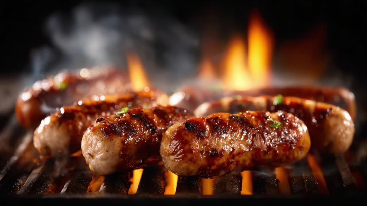 Salsicce deliziose grigliate su fiamme ardenti: un'immagine accattivante di cucina invitante e tecniche di cottura, che mostra carni perfettamente grigliate con un aspetto affumicato.