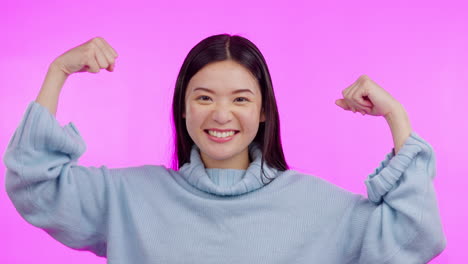 portrait, asian woman flex her muscles