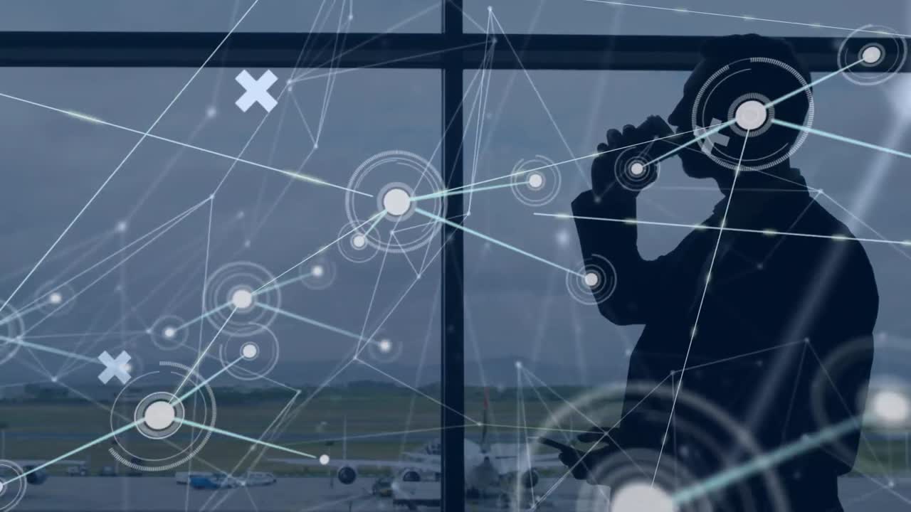 연결 네트워크와 데이터 처리와 함께 공항에서 코카시안 사업가의 애니메이션