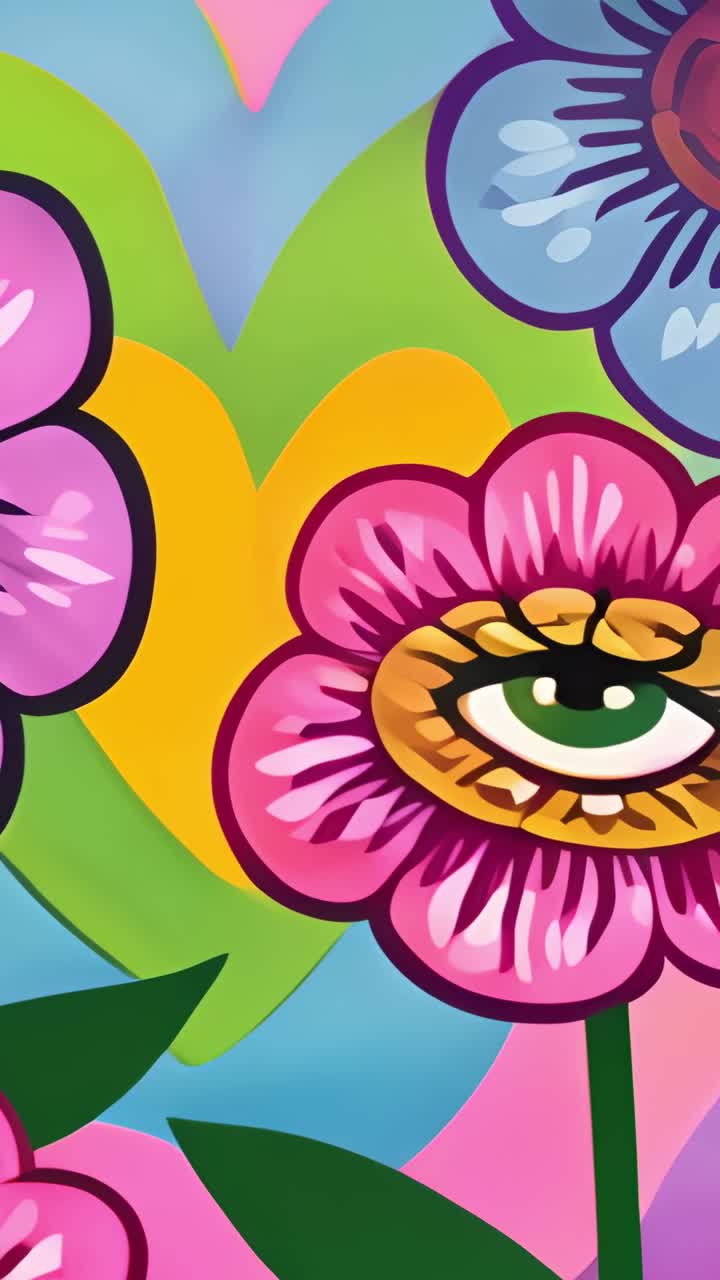 Vertical video: Opening shot panning across heart mural revealing pink bloom with green eye