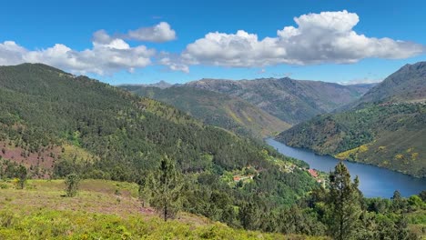 Panning panoramic view over the mountains and valley in the Peneda Geres National Park of Portugal.