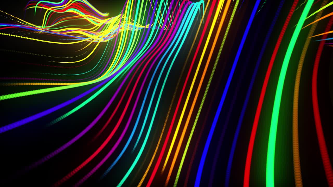 vj bucle festivo con partículas multicolores y cámara animada suave. bg 3d abstracto con partículas de brillo alineadas en fila a lo largo de líneas onduladas curvas en el espacio 3d. fondo de diseño de movimiento.