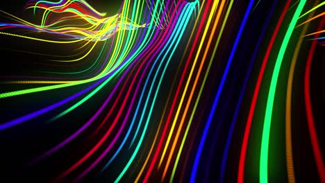 vj bucle festivo con partículas multicolores y cámara animada suave. bg 3d abstracto con partículas de brillo alineadas en fila a lo largo de líneas onduladas curvas en el espacio 3d. fondo de diseño de movimiento.