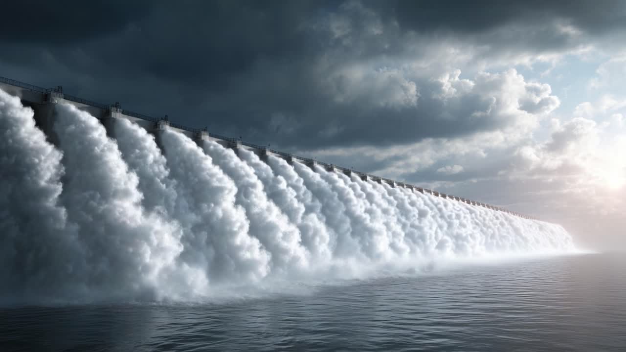 A Powerful Water Release: Captivating Images of Water Surge from a Dam Under Dramatic Cloudy Skies, Showcasing Nature's Force and Engineering Mastery
