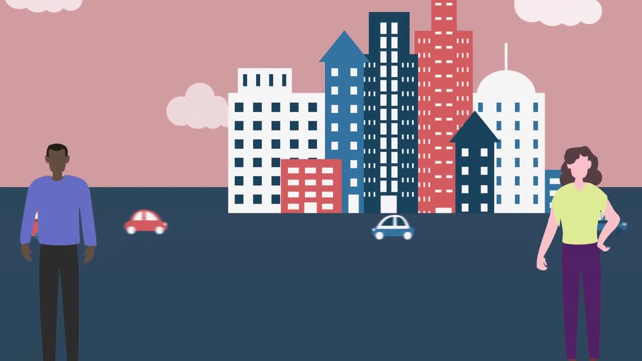 animazione di persone diverse su strade e città trafficate.