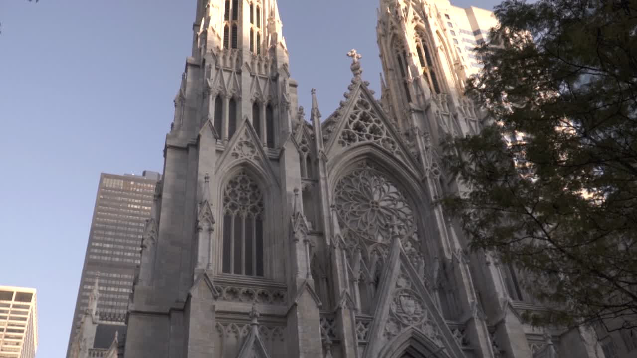 Up view of New York City St. Patrick's Cathedral in slow motion during sunny day. Bird is flying through.