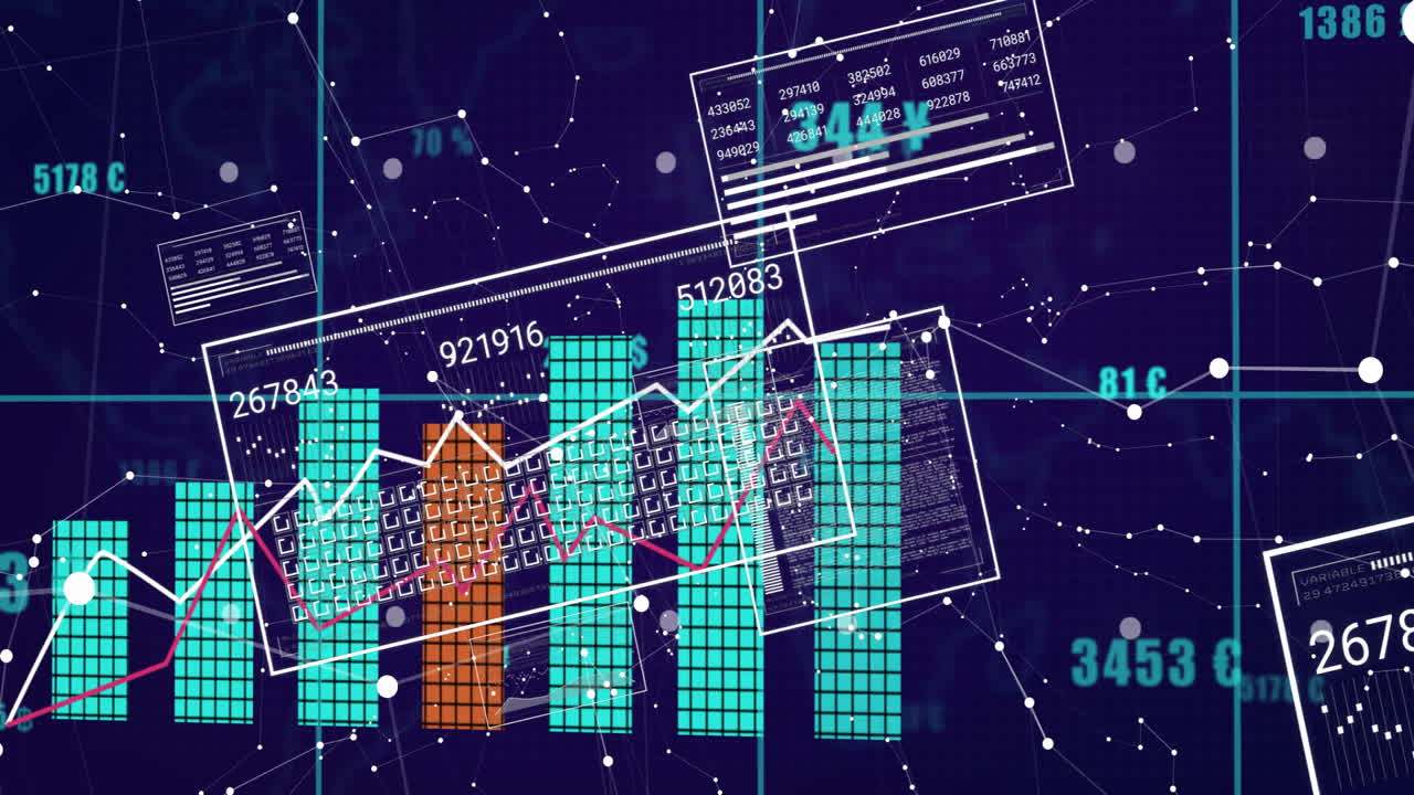 Animation of digital financial data and graphs with numbers on blue background