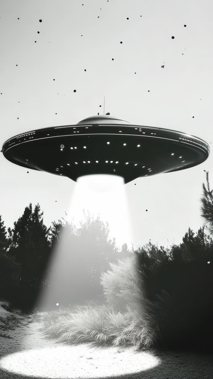 Monochrome video still of a UFO hovering above trees, captured from a low angle, emphasizing mystery