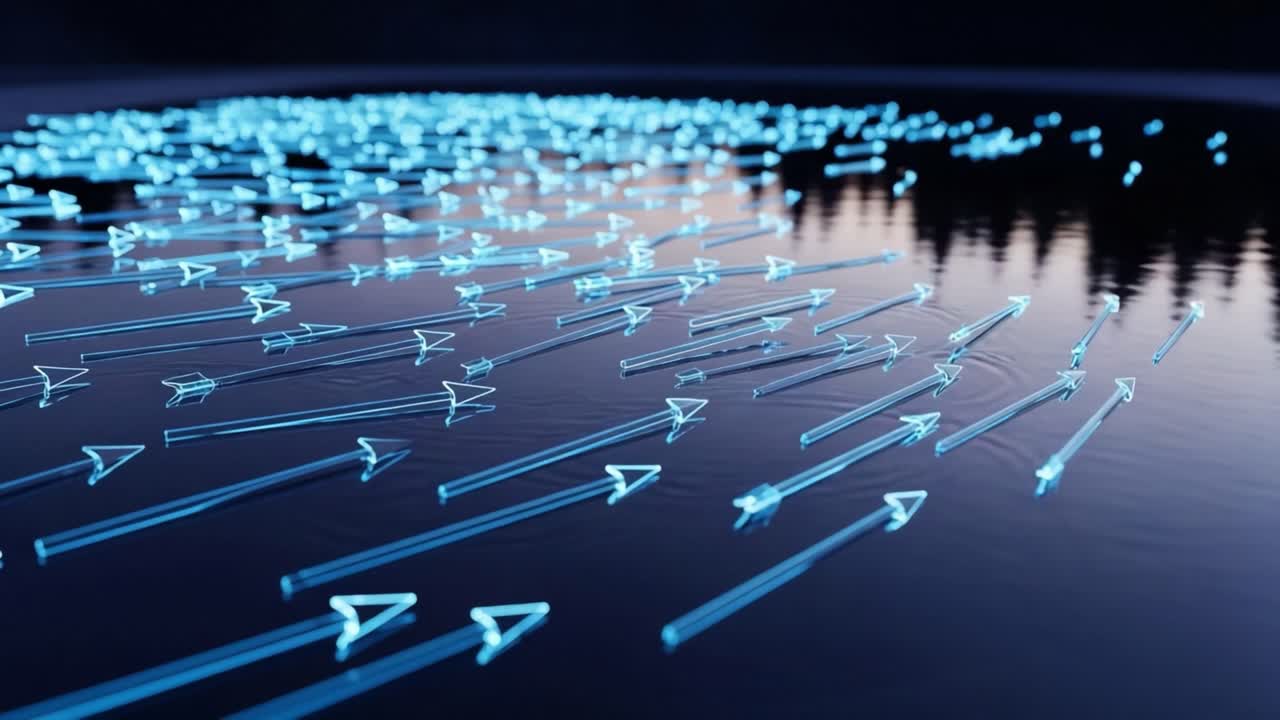 An Ethereal Display of Light: A Mesmerizing Array of Glowing Blue Arrows Floating Triumphant on a Still Water Surface at Dusk
