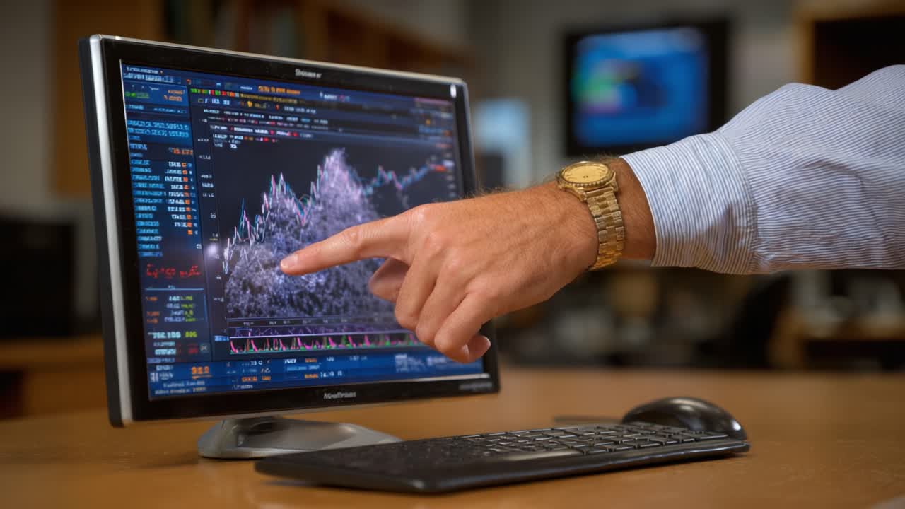 Financial Analysis in Action: A Close-up View of Stock Market Trends Being Examined with Precision and Attention to Detail in a Professional Workspace Setting