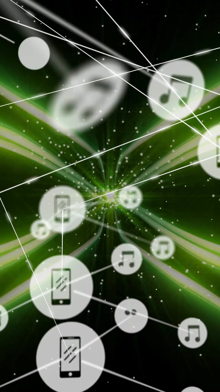 Vertical video: Green tunnel pulsing, sending nodes (phone or music icons) linking forward for tech