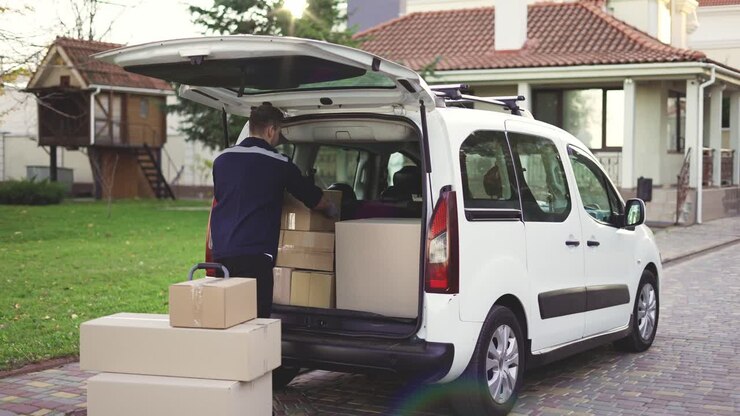 Young handsome Caucasian delivery man putting boxes in van delivering shipment. Male post office worker Courier concept