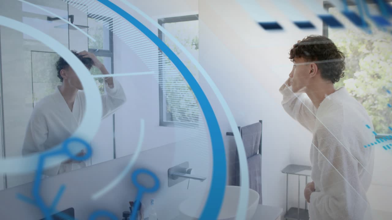 Man in robe combing hair by sink, causing blue tech overlay sliding across mirror for grooming