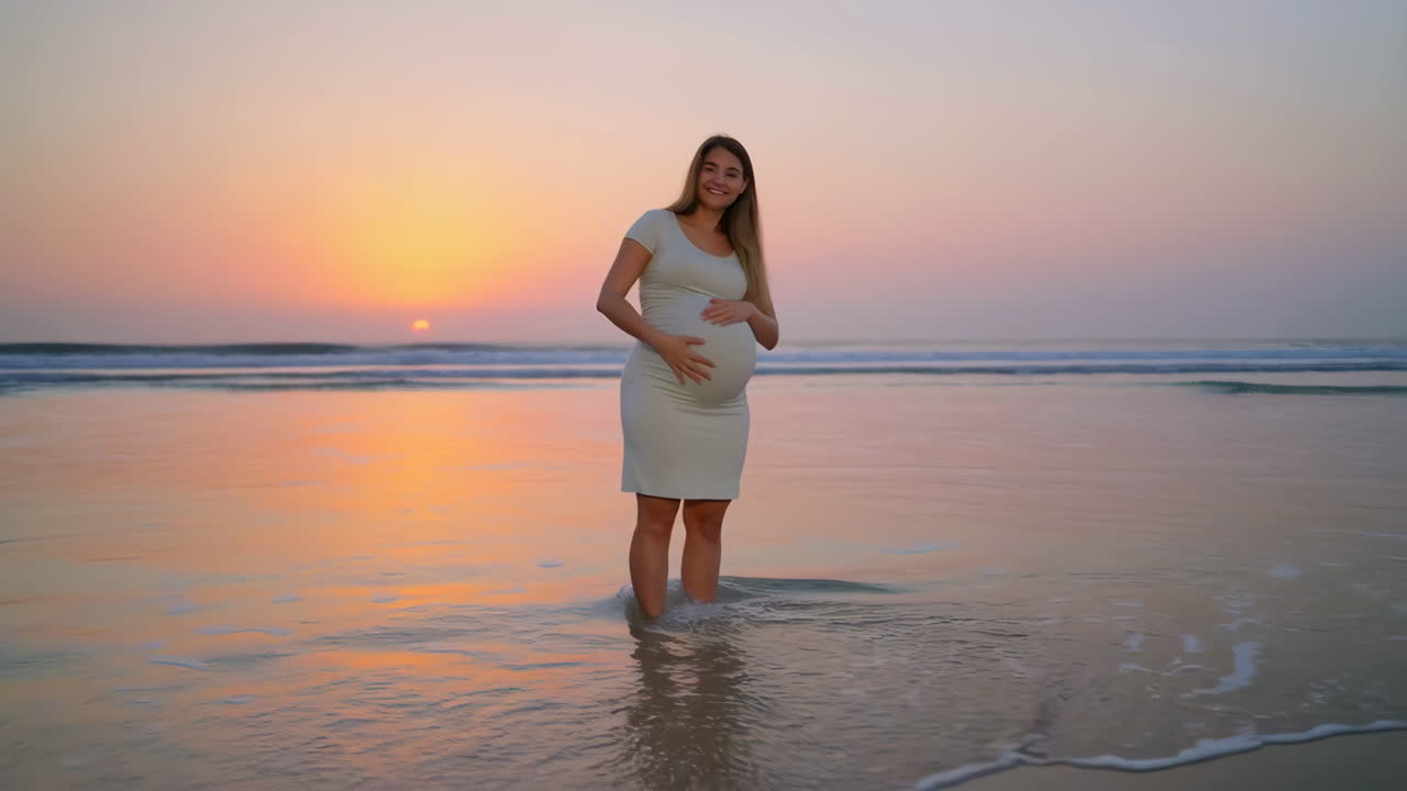 Pregnant Woman Enjoying Sunset at the Beach