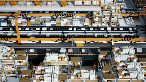 vista superior de la transmisión de bucle de la caja de embalaje en la cinta transportadora, renderización 3d. cajas de cartón en un almacén de distribución inteligente a gran escala, línea de producción