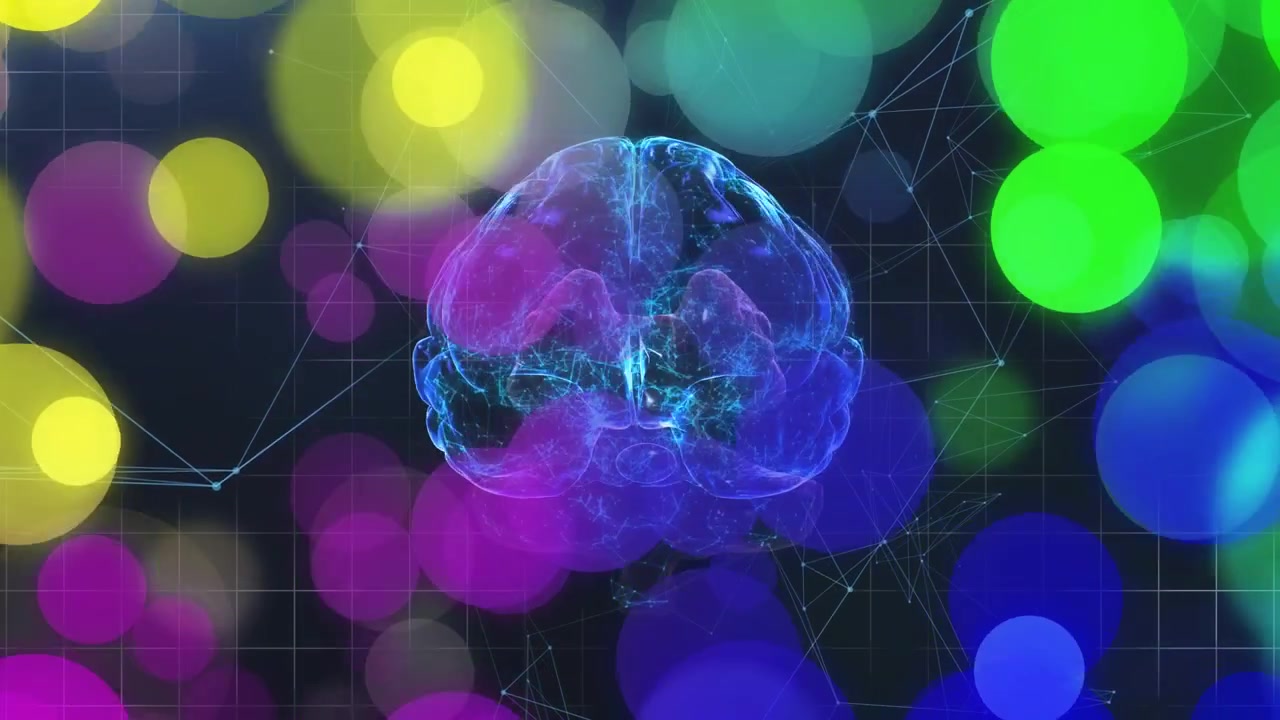 Cerveau en fil de fer néon en rotation, pulsant tandis que des orbes lumineux dérivent, obscurcissant les lignes montrant le flux neural